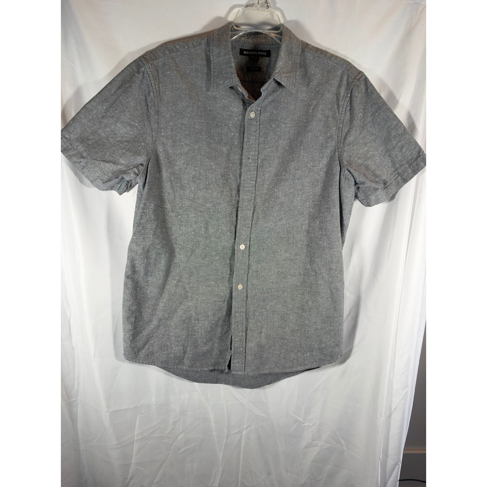 Michael Kors Mens Grey Speckled Cotton Short Sleeve Button Down Shirt M